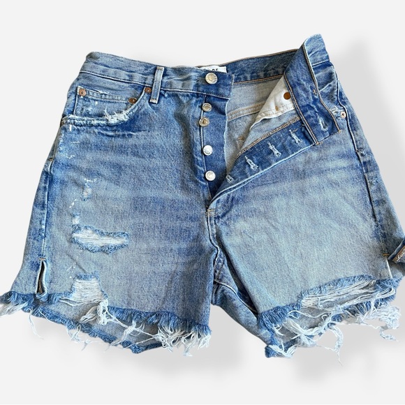 Agolde Light Blue Distressed Jean Shorts Dee Denim Shorts Button Fly High Rise - Picture 5 of 10
